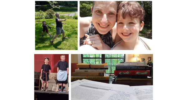 Badminton with my boys, swimming in the South Toe River, musical theater at Parkway Playhouse (River, left, playing "the lazy villager"), and a desk of books and pages.
